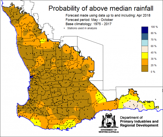SSF forecast of the probability of exceeding median rainfall for May to October 2018. Indicating less than 40% chance of receiving median rainfall for the grainbelt.