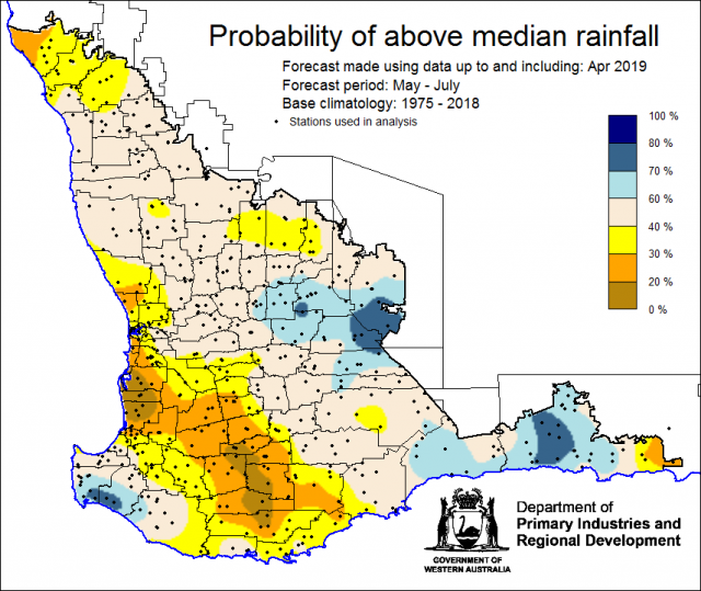 SSF forecast of the probability of exceeding median rainfall for May to July using data up to and including April. Indicating less than 40% chance of the Southwest Land Division receiving above median rainfall.