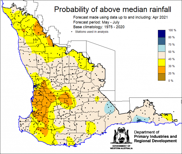 SSF forecast of the probability of exceeding median rainfall for May to July 2021 using data up to and including April. Indicating 30-60% chance of exceeding median rainfall the majority of the South West Land Division.