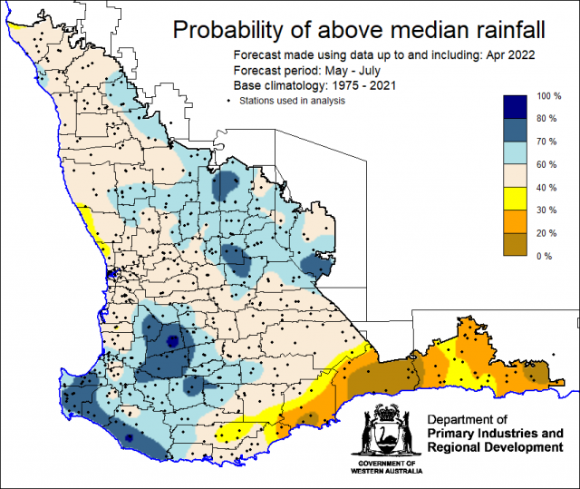 SSF forecast of the probability of exceeding median rainfall for May to July 2022 using data up to and including April. Indicating mixed probabilities of above median rainfall for the South West Land Division.