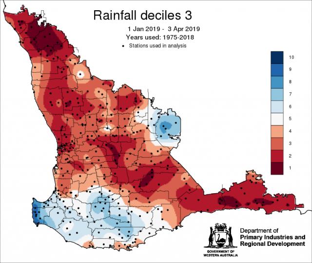 Rainfall decile map for 1 January to 3 April 2019 for the South West Land Division. Indicating that some parts of the grainbelt are tracking below average.