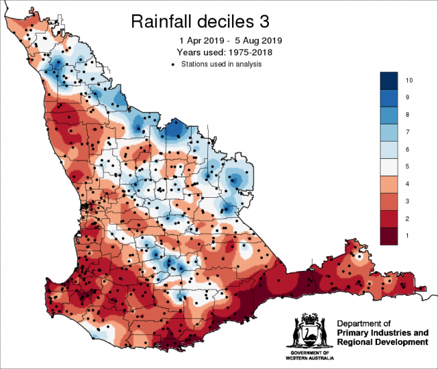 Rainfall decile map for 1 April to 5 August 2019 for the South West Land Division. Indicating that the majority of the region is tracking below decile 5 to date.