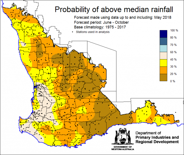 SSF forecast of the probability of exceeding median rainfall for June to October 2018. This indicates low chances (mostly less than 30%) of receiving median rainfall for the period.