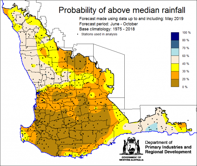 SSF forecast of the probability of exceeding median rainfall for June to October using data up to and including May. Indicating less than 40% chance in central wheatbelt, great southern, south west and south coastal.