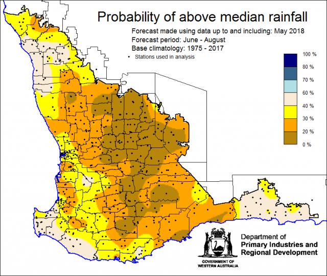 SSF forecast of the probability of exceeding median rainfall for June to August 2018. Indicating a drier than normal outlook (less than 40% chance) of receiving median rainfall for the grainbelt