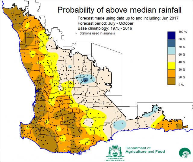 Figure 5. SSF forecast for July to September shows a low chance exceeding median rainfall over south west WA.