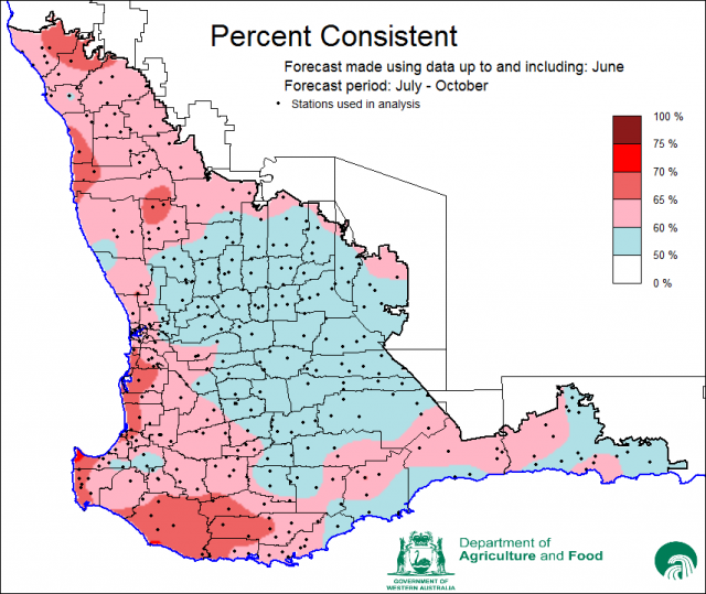 Figure 6 Percent Consistent skill of the SSF at forecasting July to October rainfall shows poor to moderate skill over south west WA.