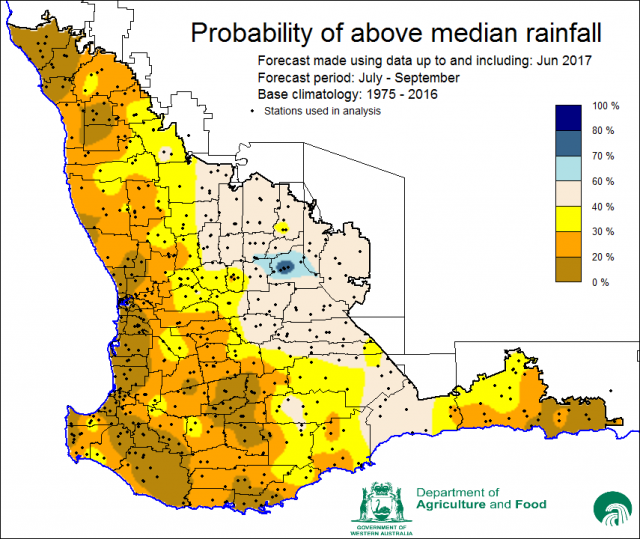 Figure 1 July to September SSF for south west WA shows a low chance of exceeding median rainfall.
