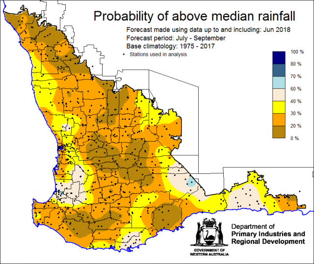 SSF forecast of the probability of exceeding median rainfall for July to September 2018. Indicating a drier than normal outlook (less than a 40% chance) of receiving median rainfall for the grainbelt.