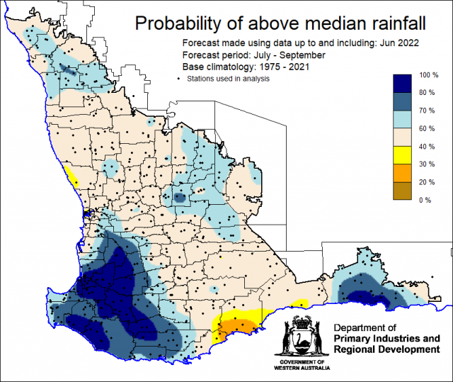 SSF forecast of the probability of exceeding median rainfall for July to September 2022 using data up to and including June. Indicating mixed probabilities of above median rainfall for the South West Land Division.