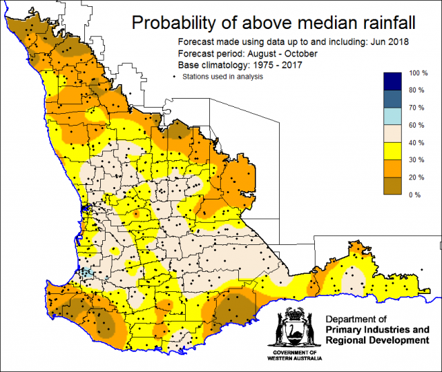 SSF forecast of the probability of exceeding median rainfall for August to October 2018 using data up to and including June. Indicating less than a 40% chanceof receiving median rainfall for the northern and southern grainbelt.