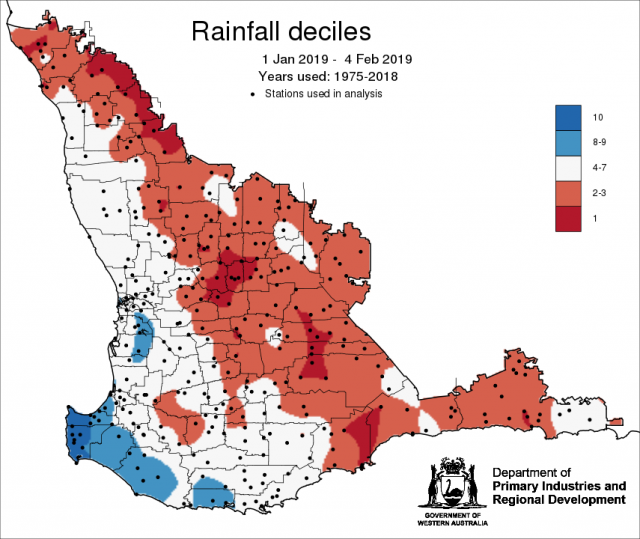 Rainfall decile map for 1 January to 4 February 2019 for the South West Land Division. Showing rainfall since January is below average for much of the grainbelt.