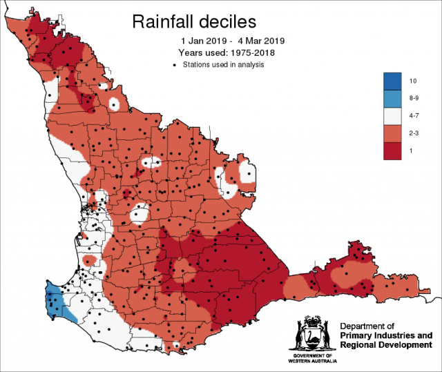Rainfall decile map for 1 January to 4 March 2019 for the South West Land Division. Showing most of the region is at decile 1-3 rainfall.