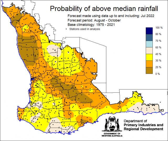 SSF forecast of the probability of exceeding median rainfall for August to October 2022 using data up to and including July. Indicating less than 40% probability of above median rainfall for the South West Land Division.