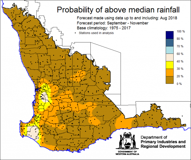 SSF forecast of the probability of exceeding median rainfall for September to November 2018 using data up to and including August. Indicating a drier than normal outlook (less than a 30% chance) of receiving median rainfall for the grainbelt.