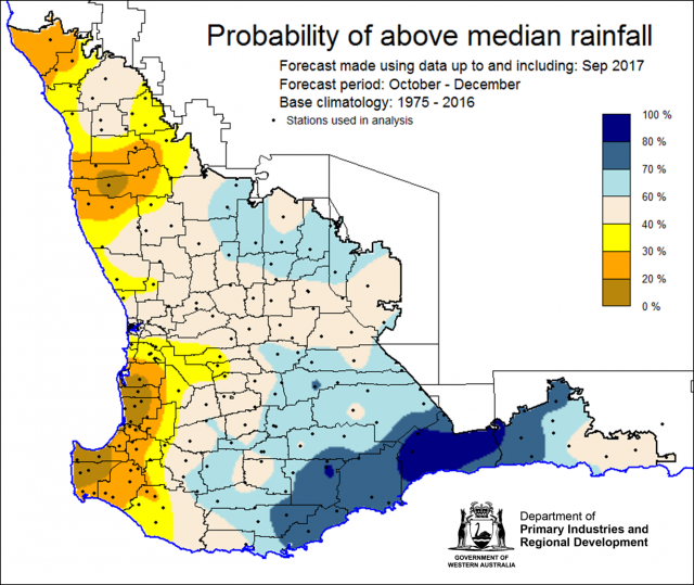 SSF forecast of probability of exceeding median rainfall for October-December 2017. Indicating mixed chance of exceeding median rainfall with low chance less than 40% for south-west corner and western parts of the northern wheatbelt. Eastern and southern