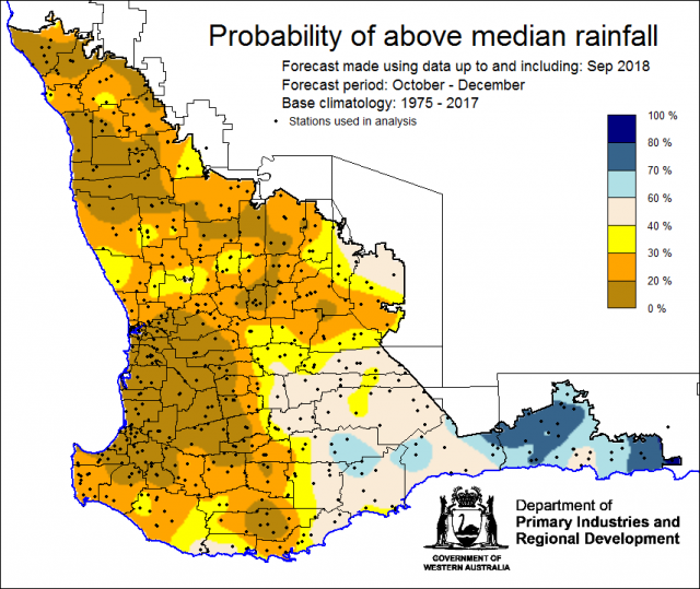 SSF forecast of the probability of exceeding median rainfall for October to December 2018 using data up to and including September. Indicating a drier than normal outlook (less than a 30% chance) of receiving median rainfall for the majority of the Southw