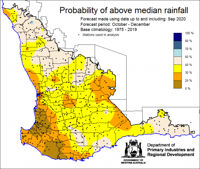 SSF forecast of the probability of exceeding median rainfall for October to December 2020 using data up to and including September. Indicating below 40% chance of exceeding median rainfall for the majority of the South West Land Division.