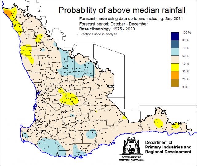 SSF forecast of the probability of exceeding median rainfall for October to December 2021 using data up to and including September. Indicating neutral chances (40-60%) of exceeding median rainfall for the majority of the South West Land Division.