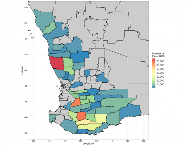 Figure 1: Map of the geographical distribution of ewe pregnancy scanning data collected across WA in 2023.