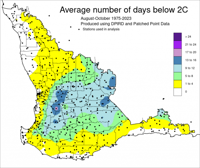 Average number of days below 2C for August to October 1975-2023 for the South West Land Division