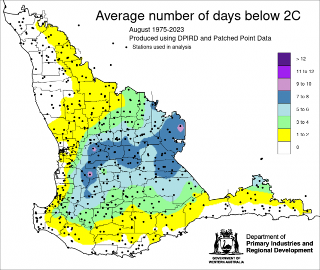 Average number of days below 2C August to October for 1975-2023 for the South West Land Division.