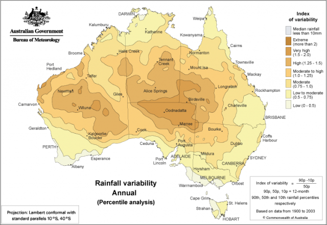 Map showing areas of varying annual rainfall variability