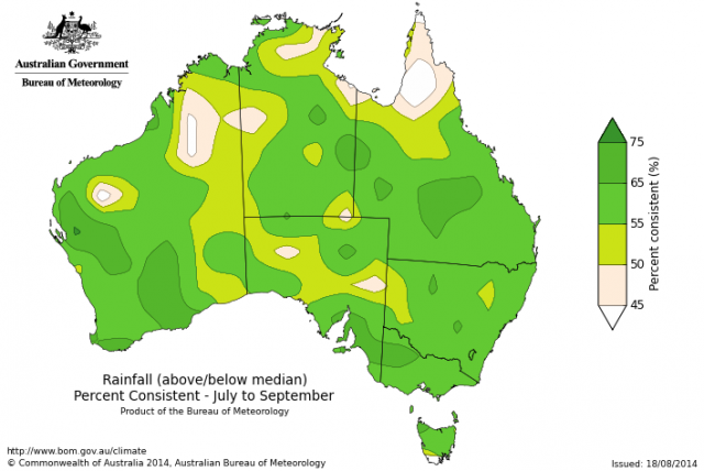 Figure 4.  Percent Consistent skill of the Bureau of Meteorology’s outlook for July to September rainfall shows moderate predictive skill over south west WA.