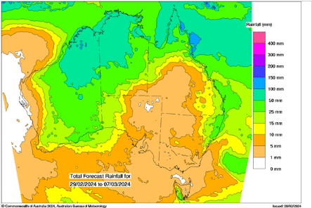 29 Feb to 7 March 2024, total forecast rainfall from the Bureau of Meteorology’s Water and the Land webpage. Between 5-25 mm of rain is expected for the South West Land Division.
