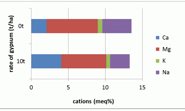 Bar chart showing the proportions of calcium, magnesium, potassium and sodium in soils that had no gypsum and soil that had 10t/ha of gypsum 20 years previously