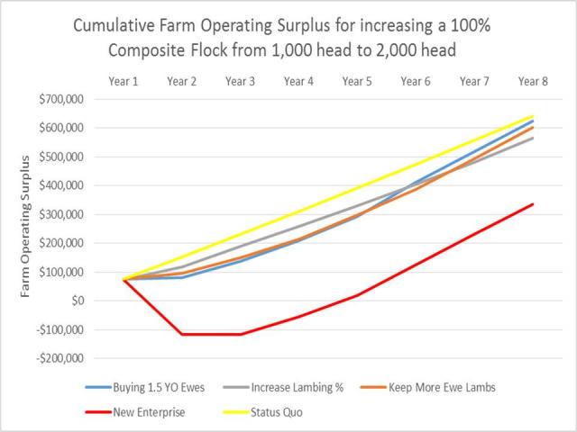 Cumulative Farm Operating Surplus analysis of the farm enterprise for a 100% Self-Replacing Composite flock.