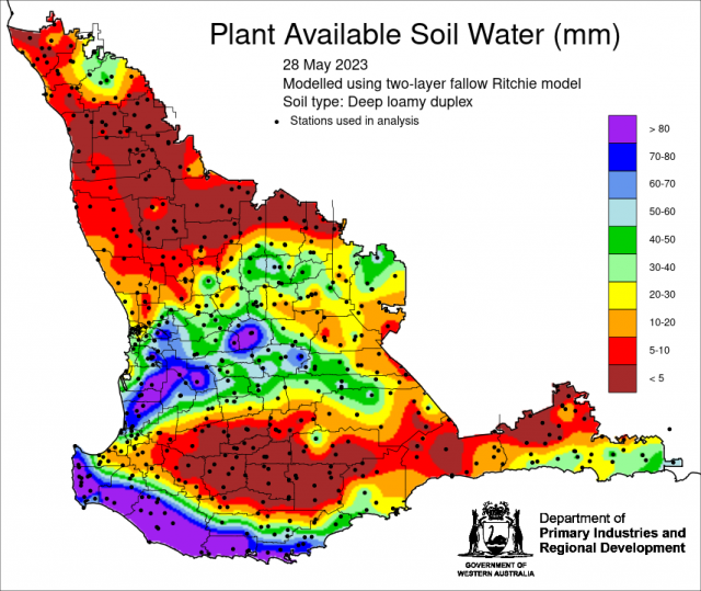 Deep loamy duplex plant available soil water map 28 May 2023 for the South West Land Division, indicating good soil water for parts of the Central Wheatbelt around Quairading and along the south west coast.