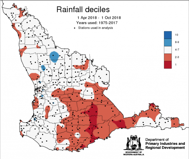 Map of Western Australia showing coloured areas of rainfall decile ranks for April to September 2018