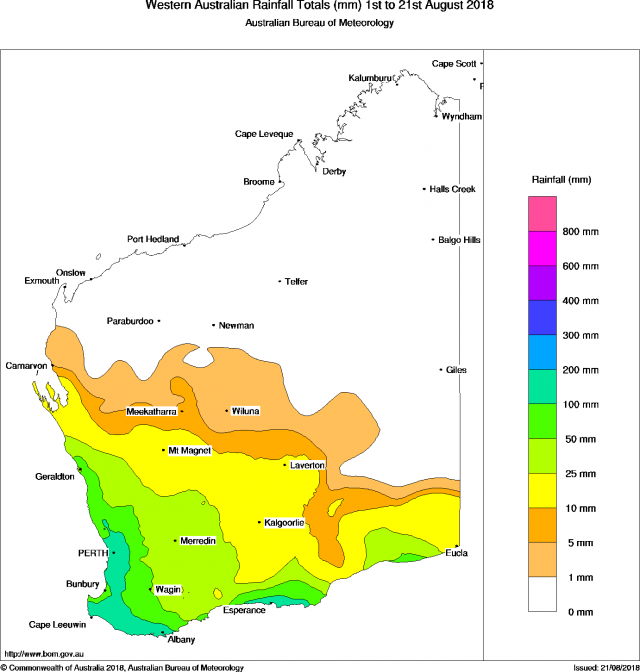Map of Western Australia showing rainfall totals in millimetres for 1 to 21 August 2018
