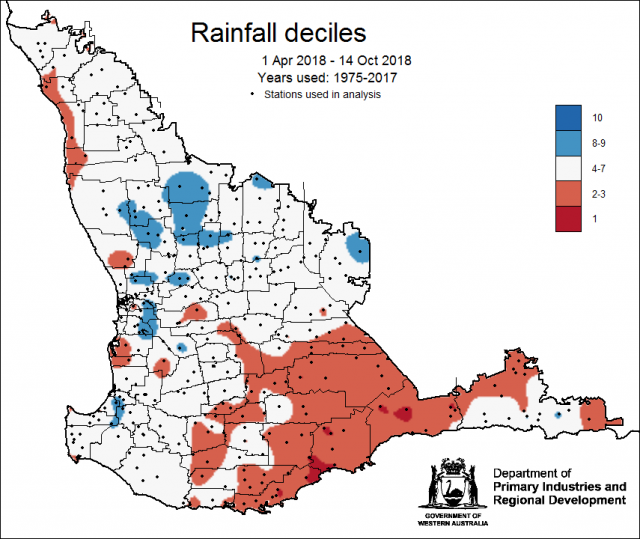 Map of Western Australia showing coloured areas of rainfall decile ranks