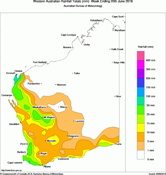 Map of Western Australia showing coloured areas of rainfall levels in millimetres