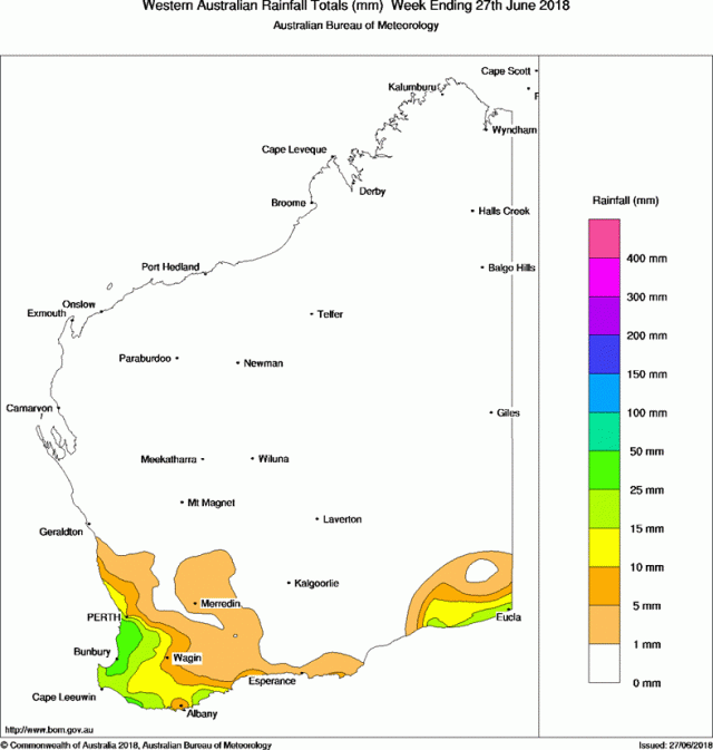 Map of Western Australia showing coloured areas of rainfall levels in millimetres for the week ending 27 June 2018