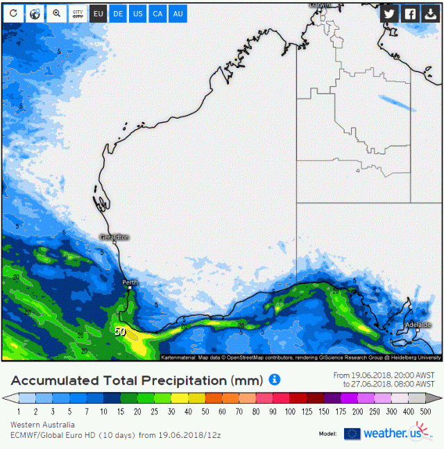 Map of forecast rain to 27 June 2018 from the ECMWF model
