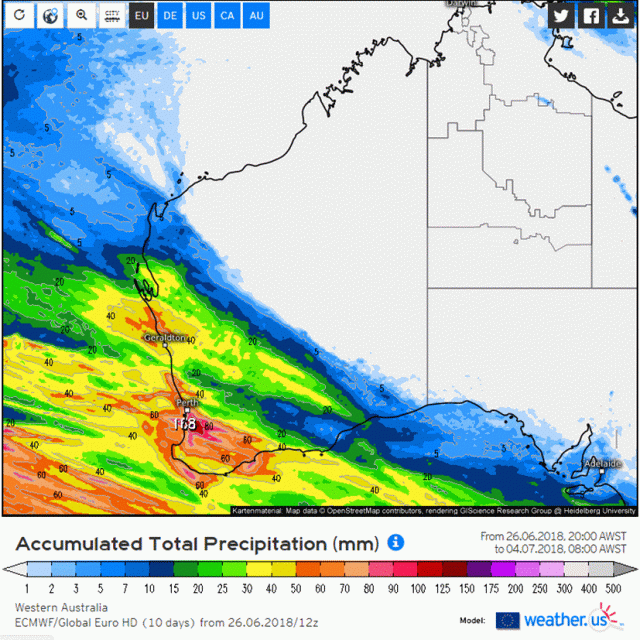Map of Western Australia showing forecast rainfall 27 June to 4 July 2018 from the ECMWF model