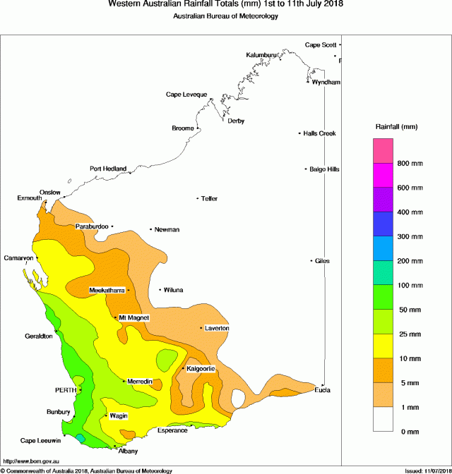Map of monthly rainfall in millimetres for 1  to 11 July 2018