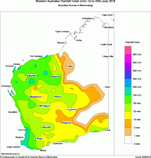 Map of Western Australia showing coloured areas of rainfall levels in millimetres for 1 to 19 June 2018