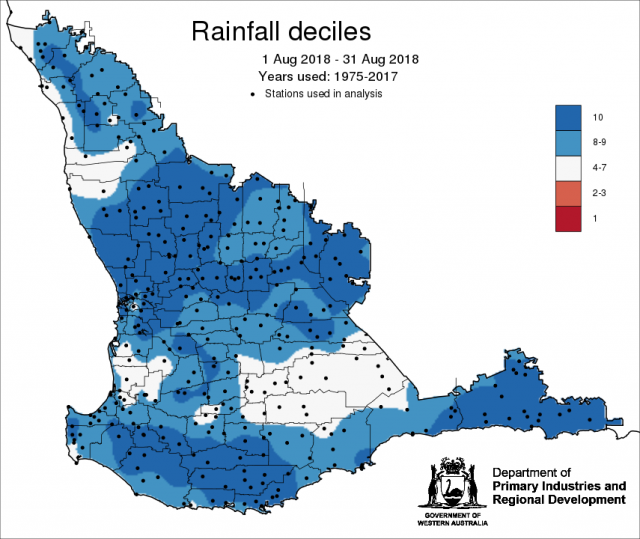 Map of Western Australia showing coloured areas of rainfall decile ranks for August 2018
