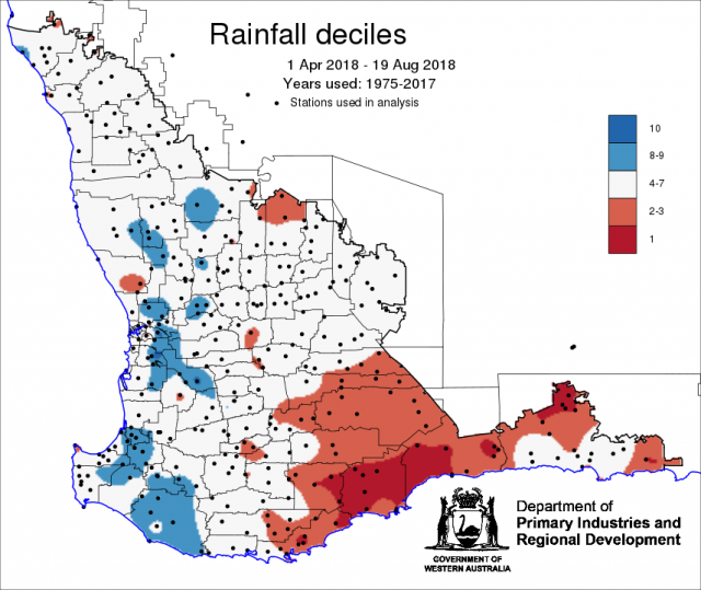 Map of Western Australia showing rainfall as deciles for 1 April to 19 August 2018