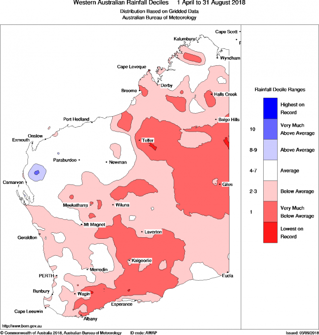 Map of Western Australia showing rainfall as deciles for April to  August 2018