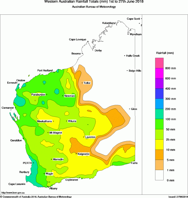 Map of Western Australia showing rainfall totals in millimetres for 1 to 27 June 2018