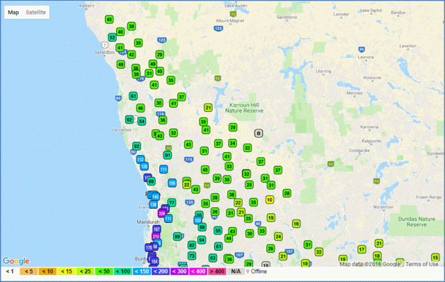 Map of Western Australia showing rainfall totals in millimetres from DPIRD northern weather stations for 1 to 26 June 2018