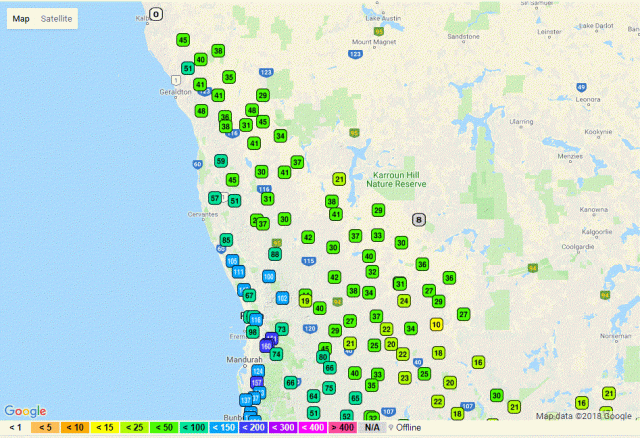 Map of the northern grainbelt with DPIRD weather stations marked with monthly rainfall to date