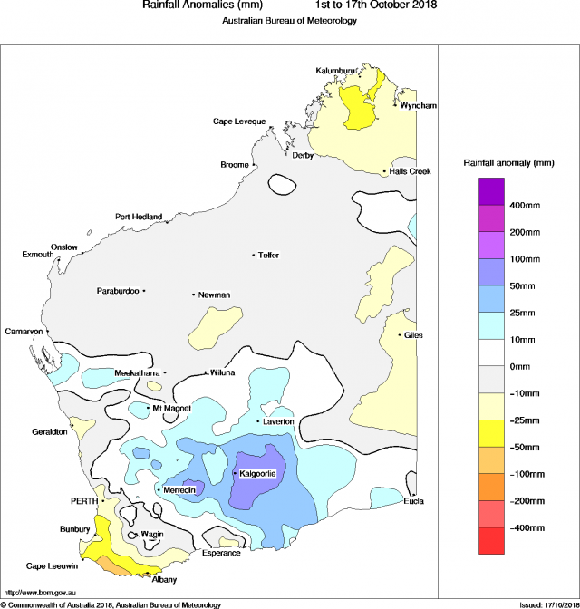 Map of Western Australia showing coloured areas of rainfall levels in millimetres