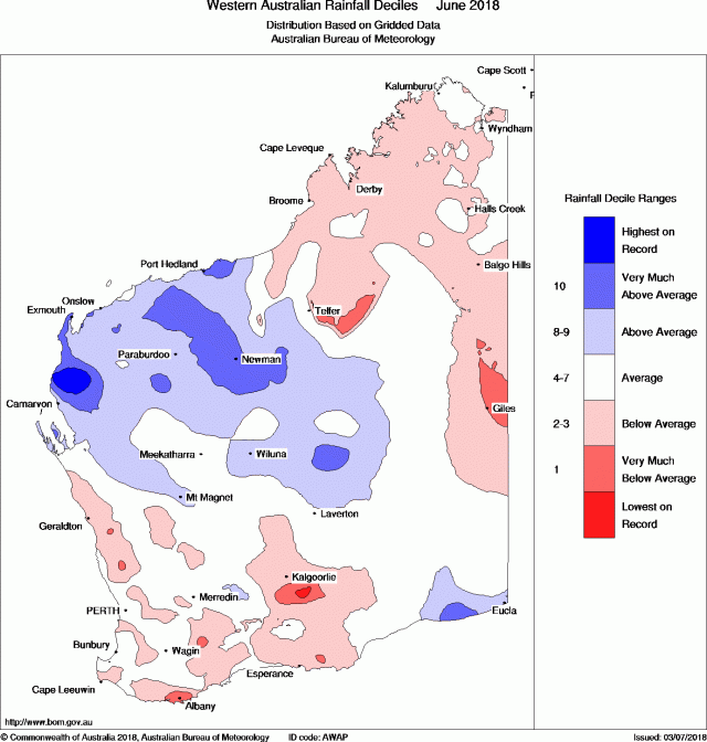 Map of Western Australia showing coloured areas of rainfall decile ranks