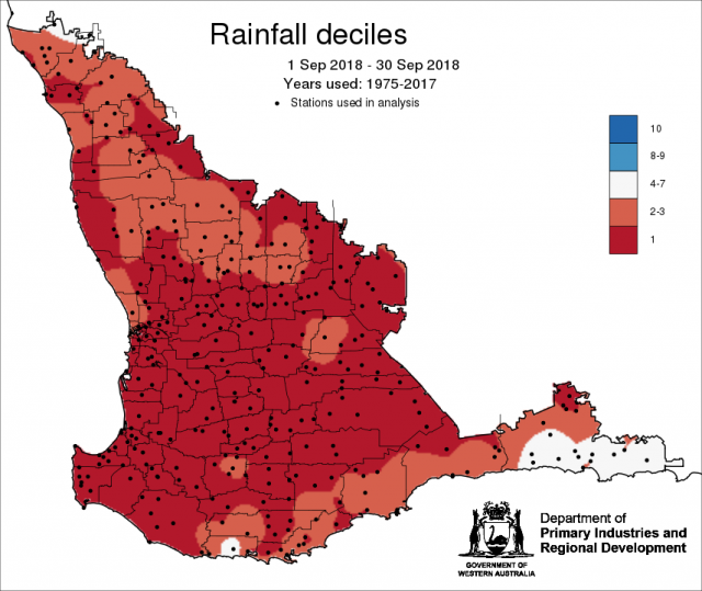 Map of Western Australia showing coloured areas of rainfall decile ranks for September 2018